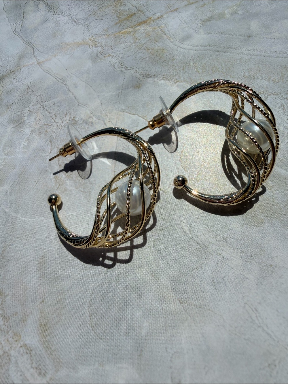Gold Twisted Hoop Earrings with Pearl Accent - Women Jewelry Rodium plated